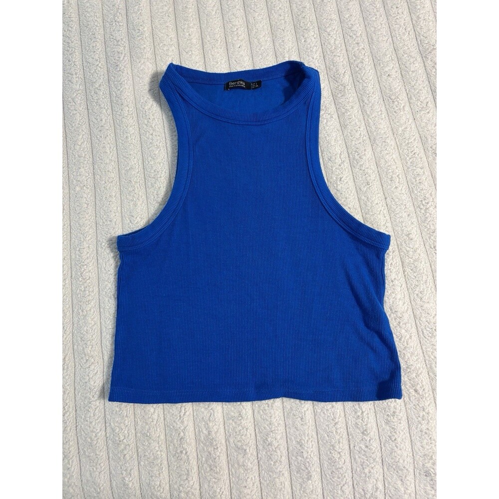 Bershka Ribbed Tank Crop Top Women Large Royal Blue High Neck Sleeveless Summer